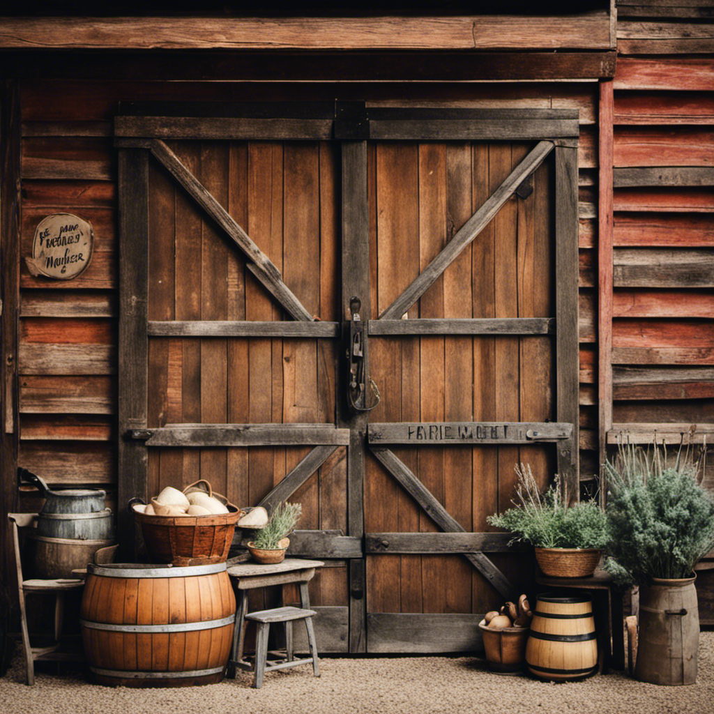 An image showcasing a rustic, weathered wooden barn door adorned with a vintage, chipped paint sign pointing towards a bustling farmer's market, overflowing with handcrafted pottery, woven textiles, and antique furniture, all exuding the charm of authentic farmhouse decor