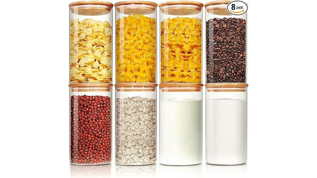 eight bamboo lid glass jars