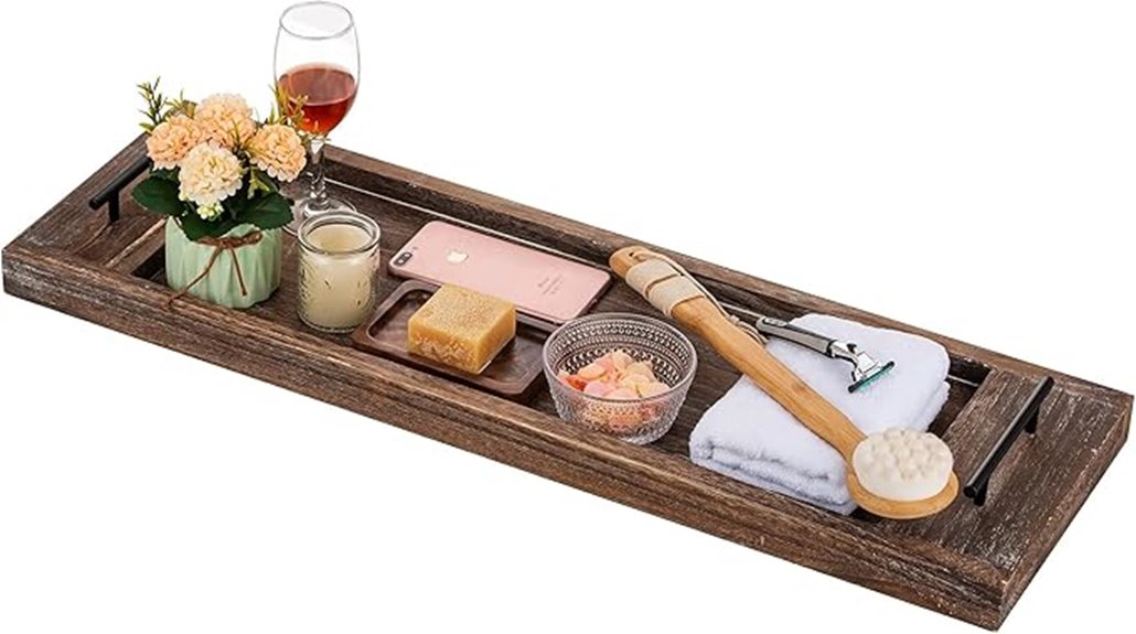 rustic wooden bathtub caddy