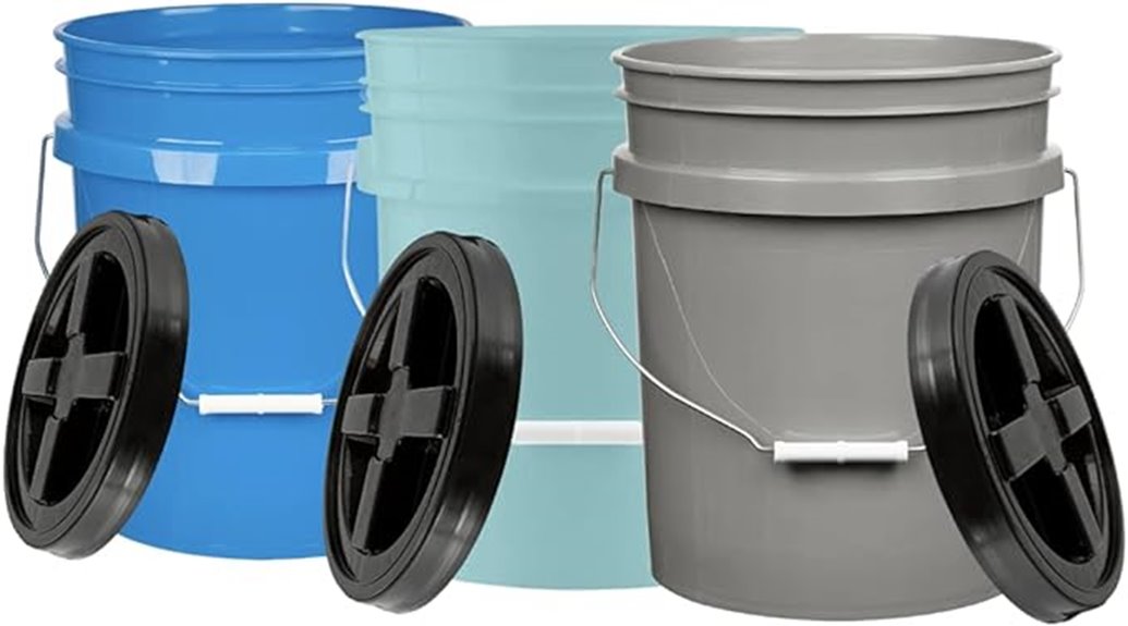 three 5 gallon food grade buckets