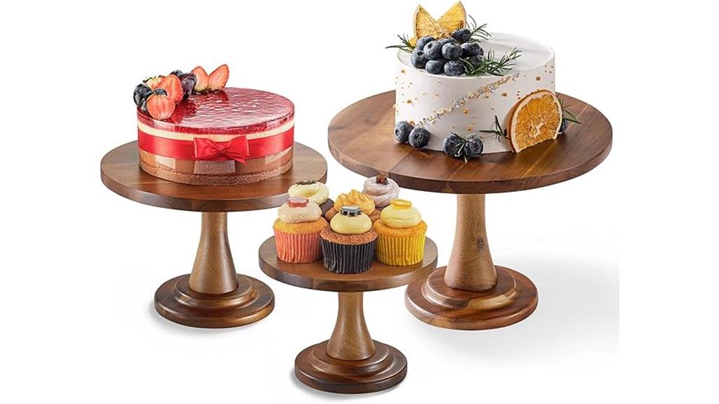 three acacia wood cake stands