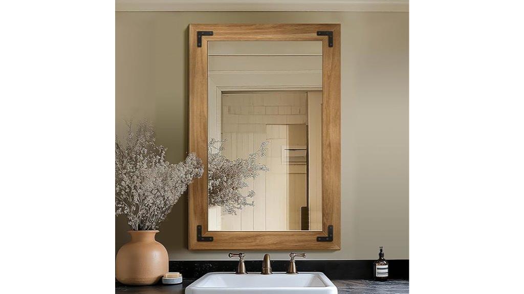 wooden framed bathroom mirror