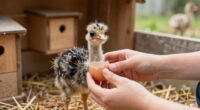 The moment an ostrich hatches from its egg.
